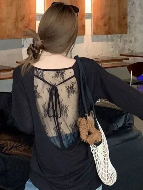 Tシャツ女性服パッチワークレースセクシーな Tシャツ韓国 Camisetas 包帯背中の開いたシックな夏 Y2k Tシャツ Ropa Mujer