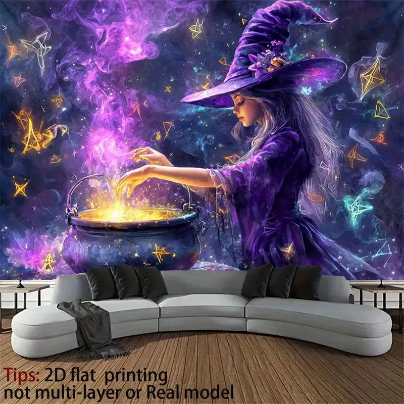 VIKAMA Wall Tapestry Dreamy Purple Witch Potion Tapestry Mysterious Starry Sky Magic Printing Print Tapestry Hanging Cloth
