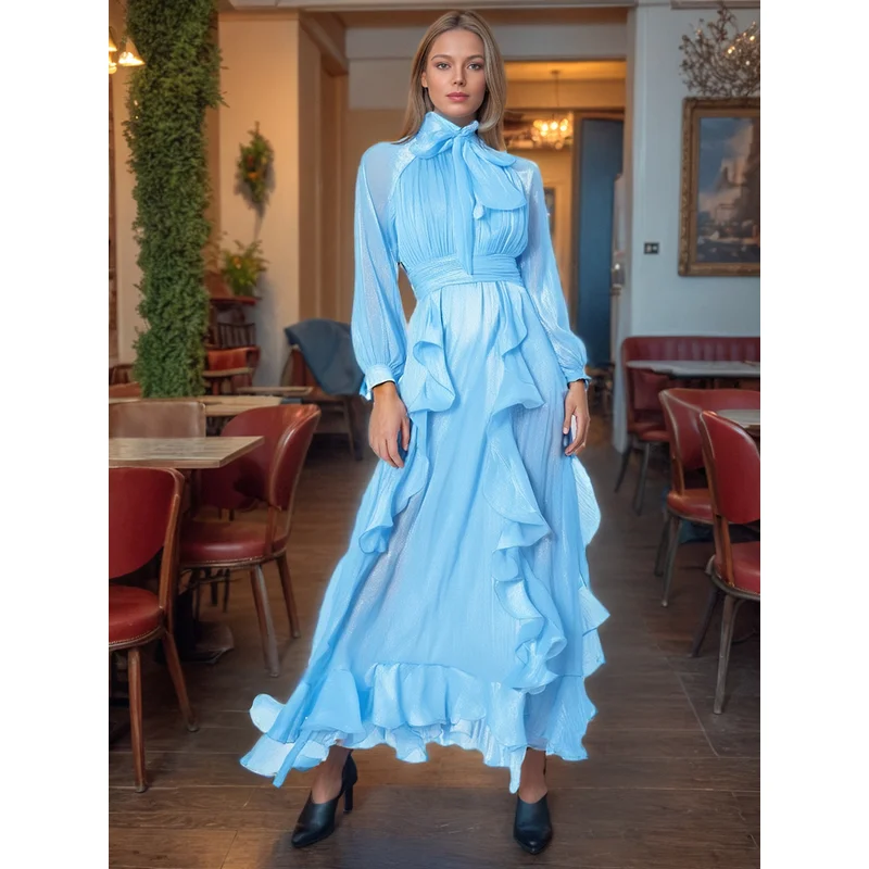

French Vintage Elegant Long Skirt 2025 New Arrival Fashion Runway Lantern Sleeve Design Ruffle Blue Dress Women's Summer