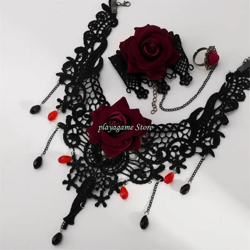 Y88A 2pcs Gothic Lace Choker Necklace Finger Rings Bracelet Halloween Costume Accessories Jewelry for Women Girls Gift