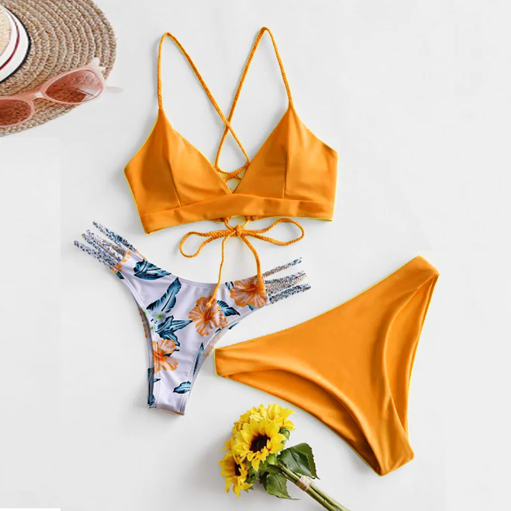 

Women Swimsuit Print Three Piece Bra Swimwear Beachwear Biquinis Female Swiming Tankini Bikini Vacation Hawaii Beach Wear