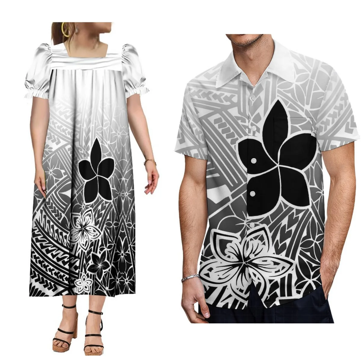 

2024 Chic Island Black And White Couple Outfit Polynesian Tribe Mumu Puffed Sleeve Dress And Hawaiian Men'S Short-Sleeved Shirt