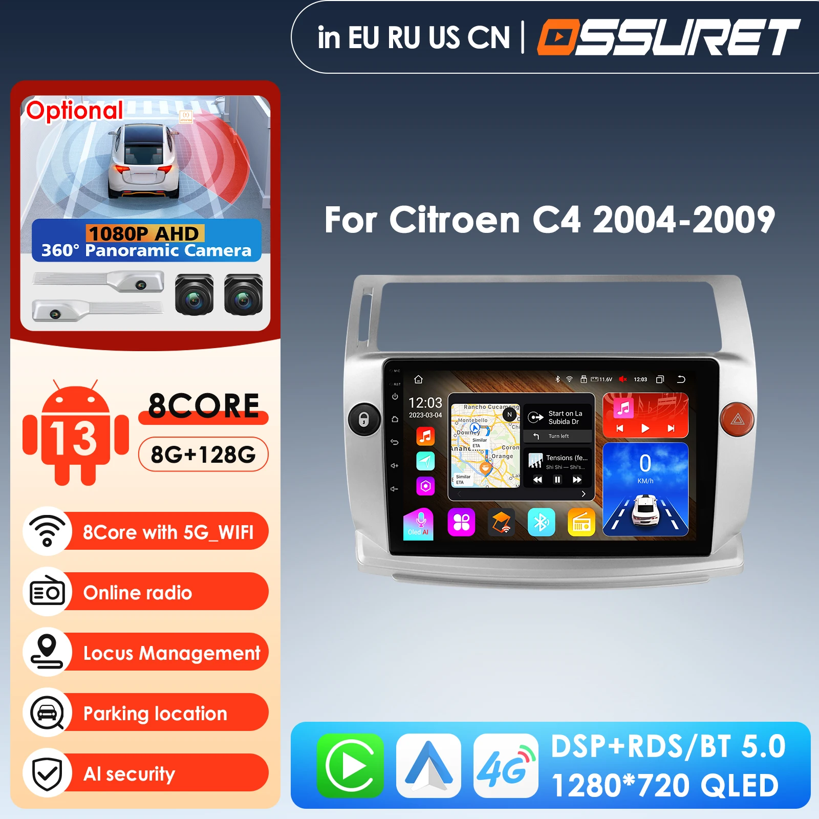

9inch 7862 8Core 360°Camera 4G LTE CarPlay Android Auto Car Multimedia for Citroen C4 C-Triomphe C-Quatre 2004 2005 2006 - 2009
