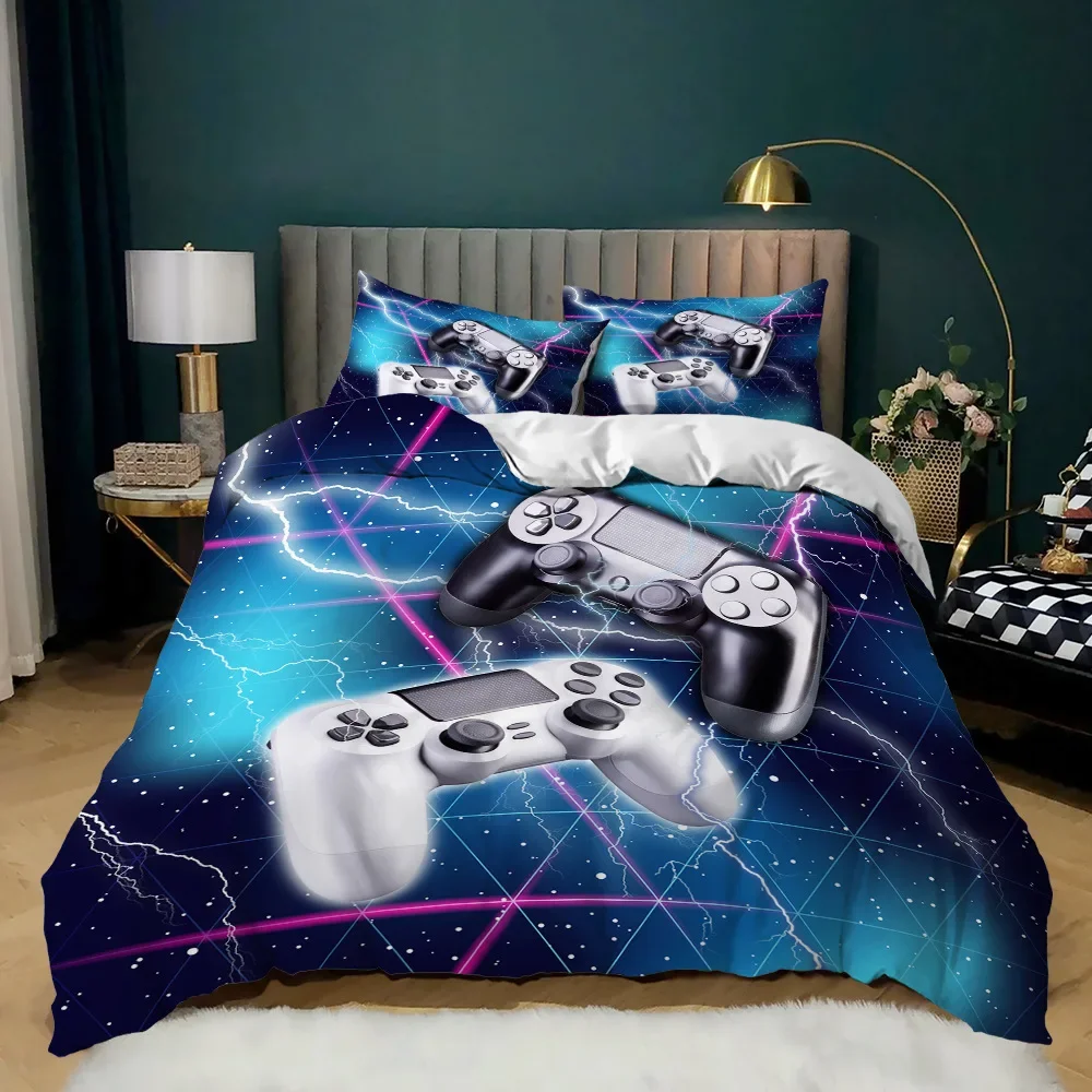 Game Duvet Cover Set Queen King Size Gaming Comforter Cover for Kids Teens Adults Gamepad Neon Games Soft Polyester Bedding Set