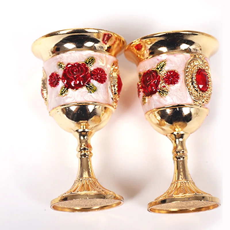 2pcs Goblet Retro 3D Small Gold Glasses Tin Alloy With Rose Patterns Luxury Personality Home Wine Glasses Crafts Decor