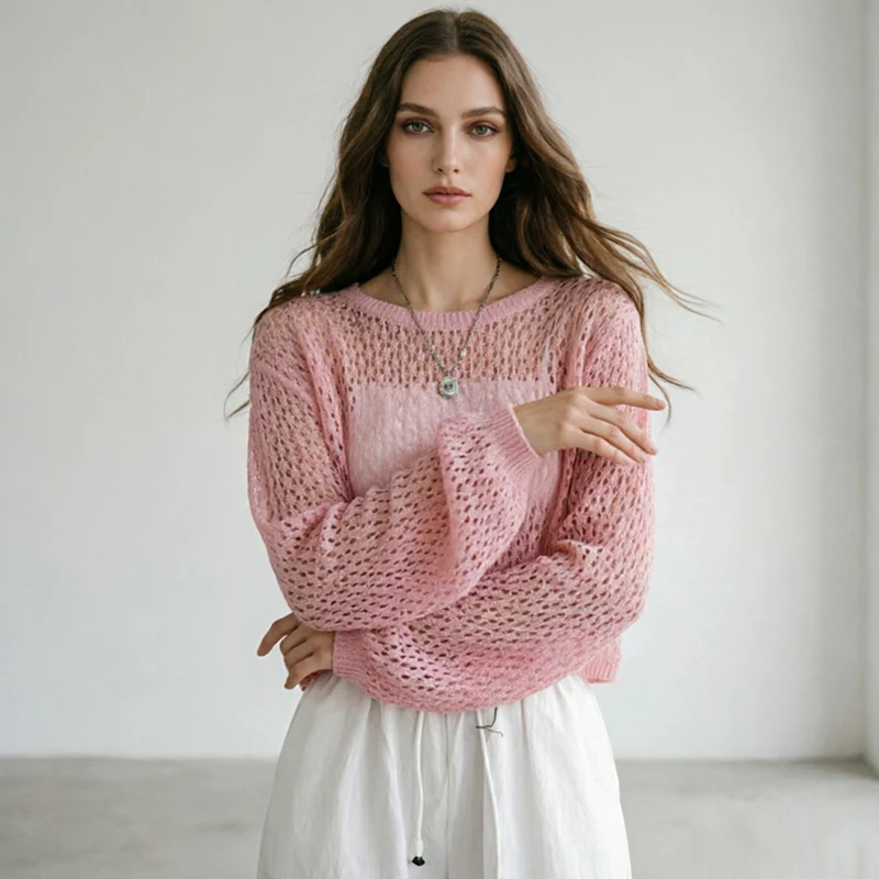 

Fashion Round Neck Hollow See Through Crop Blouse Women Summer Sunscreen Short Shirt Casual Solid Color Loose Tops Long Sleeved