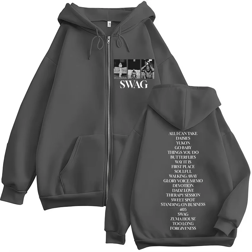 Rapper Justin Bieber SWAG Album 2025 Jaket Hoodie Zip Up Pria Pakaian Retro Oversized Jaket Sweatshirt Gaya Hip Hop Hoodie Resleting