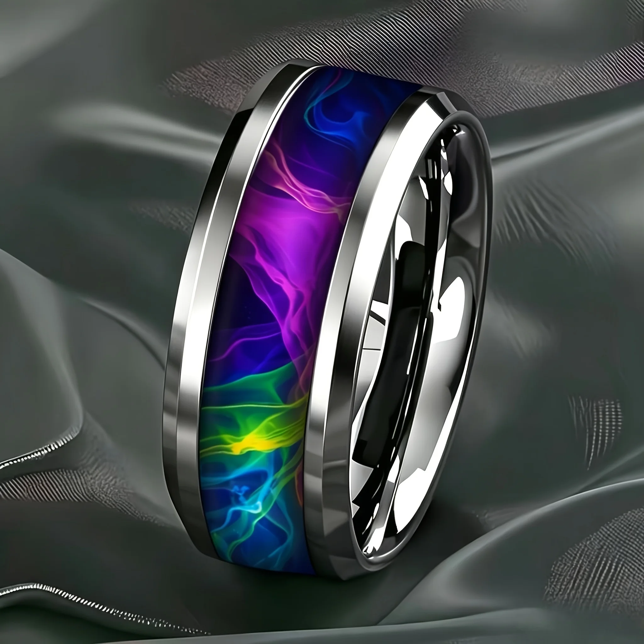8mm Galaxy Style Men Stainless Steel Rings, With Rainbow Gradient Nebula Inlay Polished Beveled Edge Rings for Men Wedding Bands