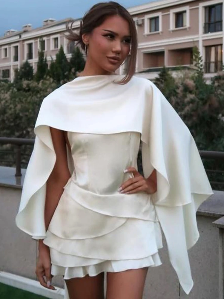 

Tossy Satin Spaghetti Ruffled Mini Dress For Women Scarf Sleeveless Backless High Waist Party Dress Evening Female Mini Dress