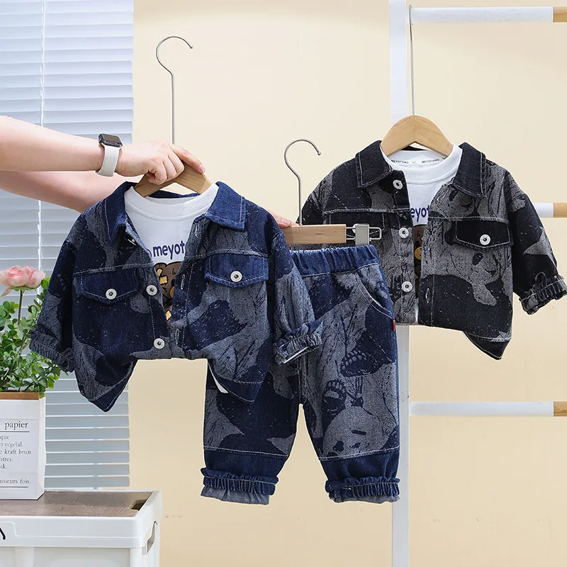 2024 Autumn Toddler Boys 3PCS Clothes Set Cartoon Tops Denim Long Sleeve Coat Loose Jeans Suit Kids Baby Boys Outfits