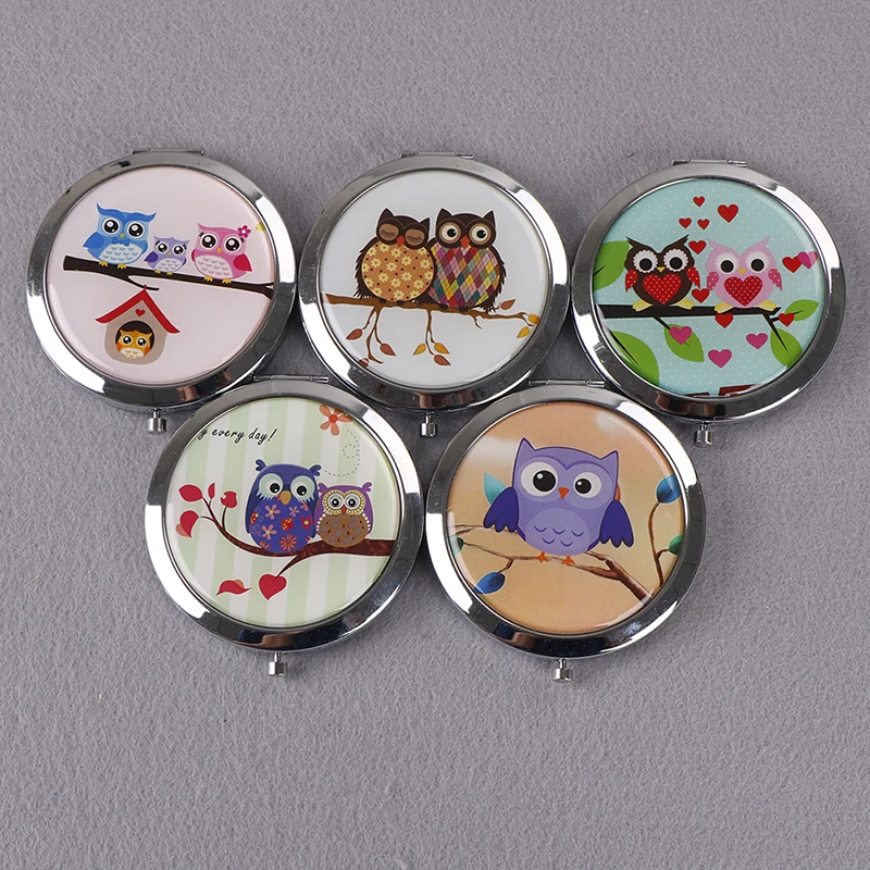 TSHOU873 Vintage Double-Side Folded OWL Makeup Mirror Hand Mirrors Pocket Mirror Mini Compact Mirrors Girl Style Random