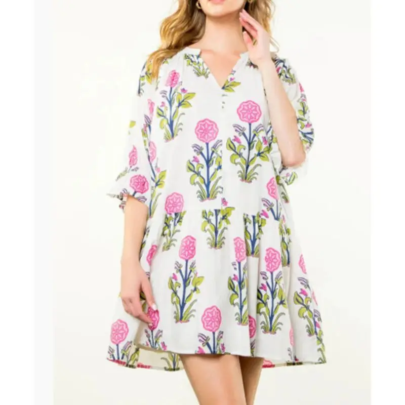 Combhasaki Donna Boho con volant svasato mezza manica scollo a V Y2K estetica stampa floreale vestibilità ampia mini abito corto a trapezio streetwear