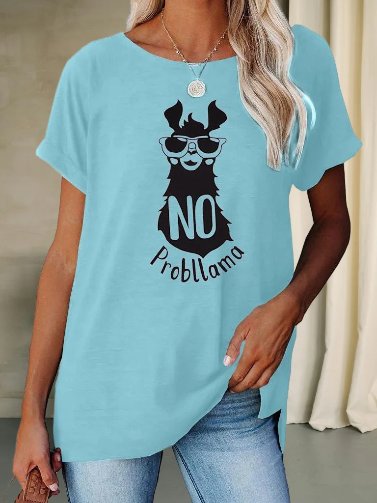 تي شيرت نسائي صيفي - تي شيرت كاجوال بأكمام قصيرة للعطلات مع رسومات لاما "No Probllama".
