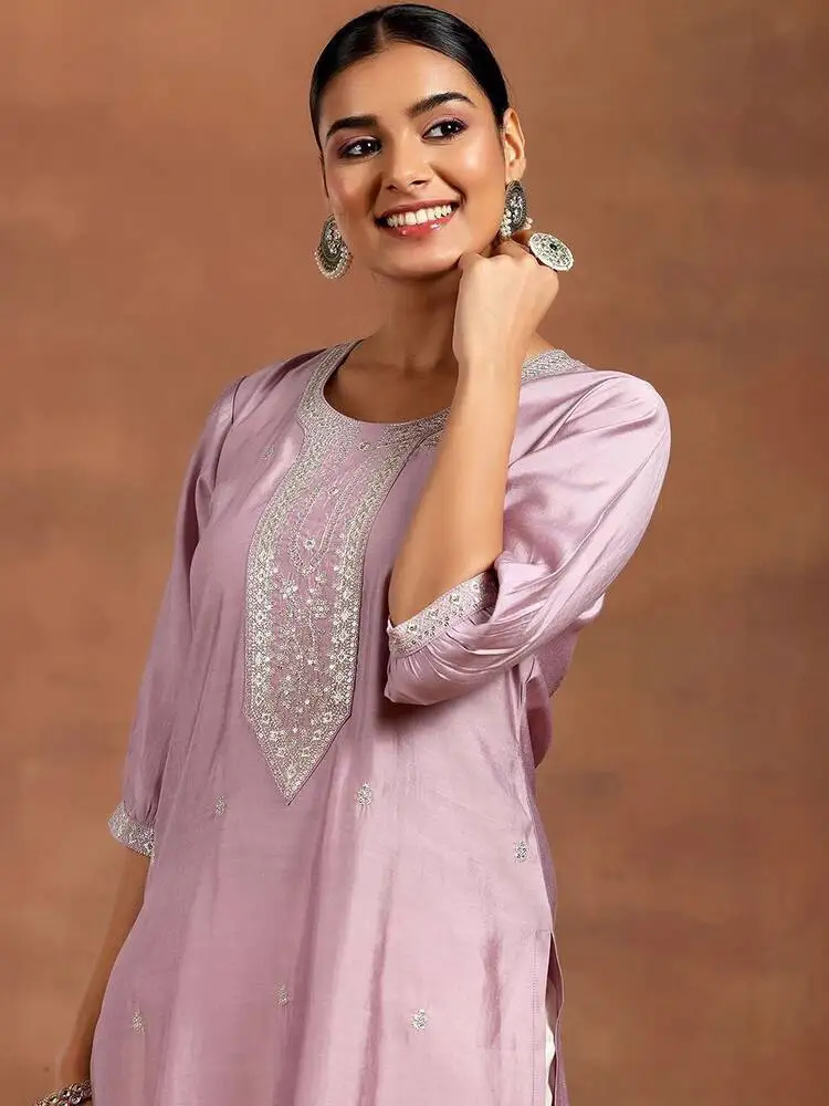 Indian Women's Clothing Unique Round Neck Loose Purple Exotic Style Cotton Blend Embroidered Spring Summer Mid-Length Top