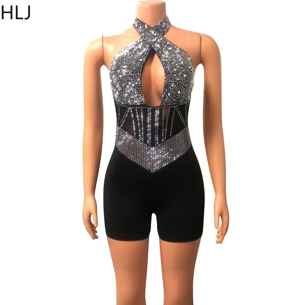 HLJ Gold Woman Evening Party Outfits Rhinestone Crystal Luxury Jumpsuits Women Corset Patchwork Bodycon Rompers Elegant Sexy