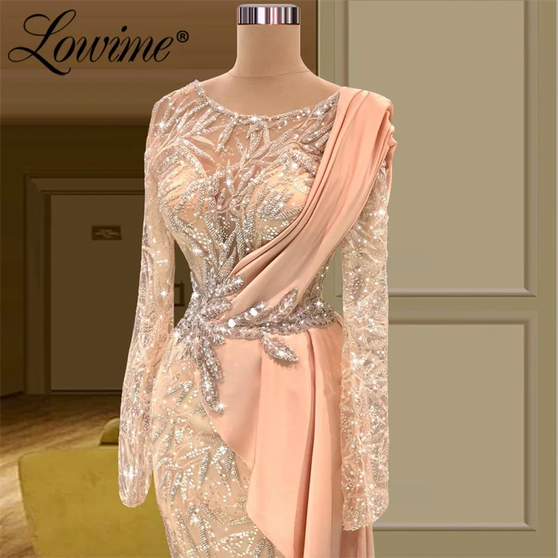 Lowime elegante rosa mangas compridas vestidos de noite 2023 cristais brilhantes miçangas vestido de festa feminino para casamentos roupões mais tamanho