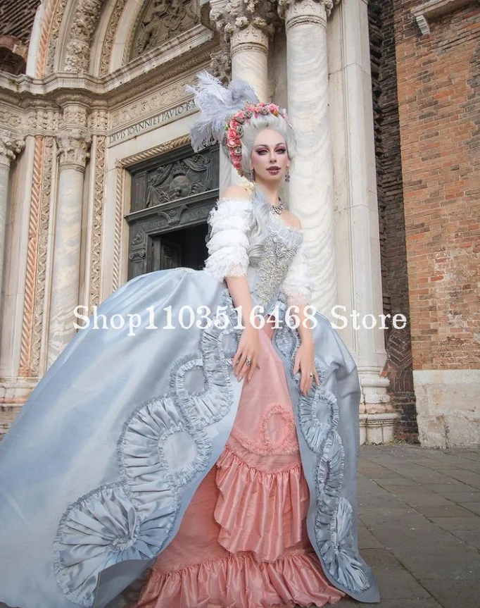 Historic Medieval Evening Dresses Sky Blue Strapless Corset Appliquéd Court Queen Long Venice Halloween Vestidos De Festa