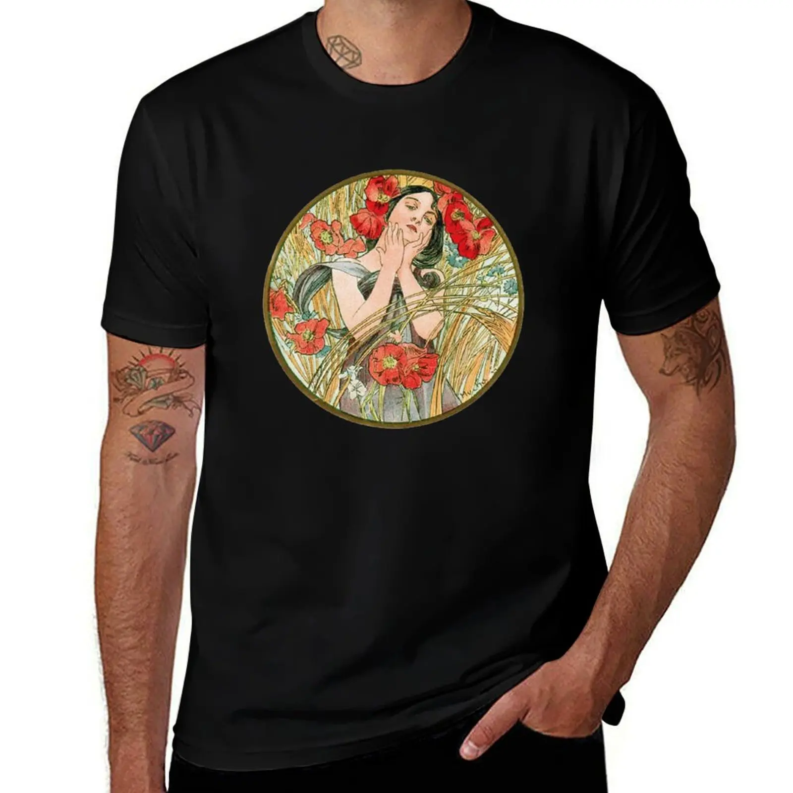 HD August from the 1889 Calendar by Alphonse Mucha T-Shirt plus size tops vintage graphic tee men t shirts high quality