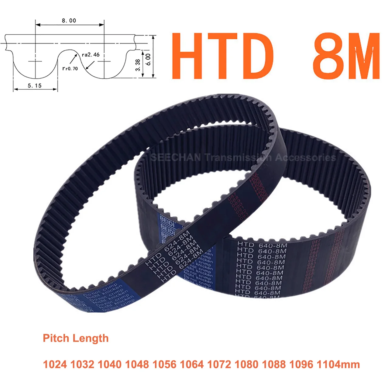 HTD 8M Rubber Closed Synchronous Timing Belt Width 15 20 25mm Perimeter 1024 1032 1040 1048 1056 1064 1072 1080 1088 1096 1104mm