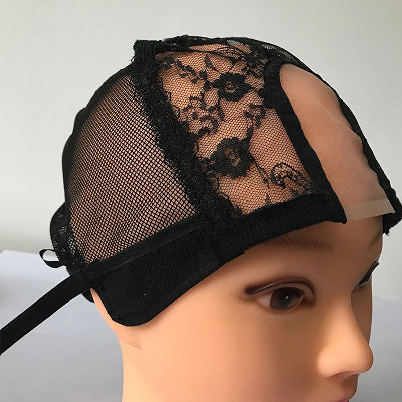 U Part Lace Wig Cap 56cm Black Stretch Weaving Net With Adjustable Straps Breathable Wig Making Foundation Hairnets Hat