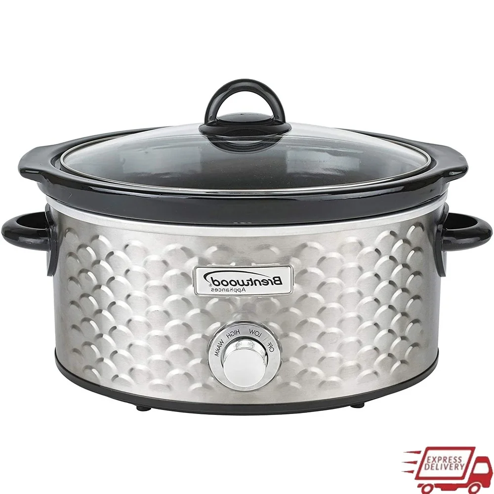 

4.5 Quart Scallop Pattern Slow Cooker Stainless Steel Tempered Glass Lid Dishwasher Safe Cool Touch Handles High Low Warm