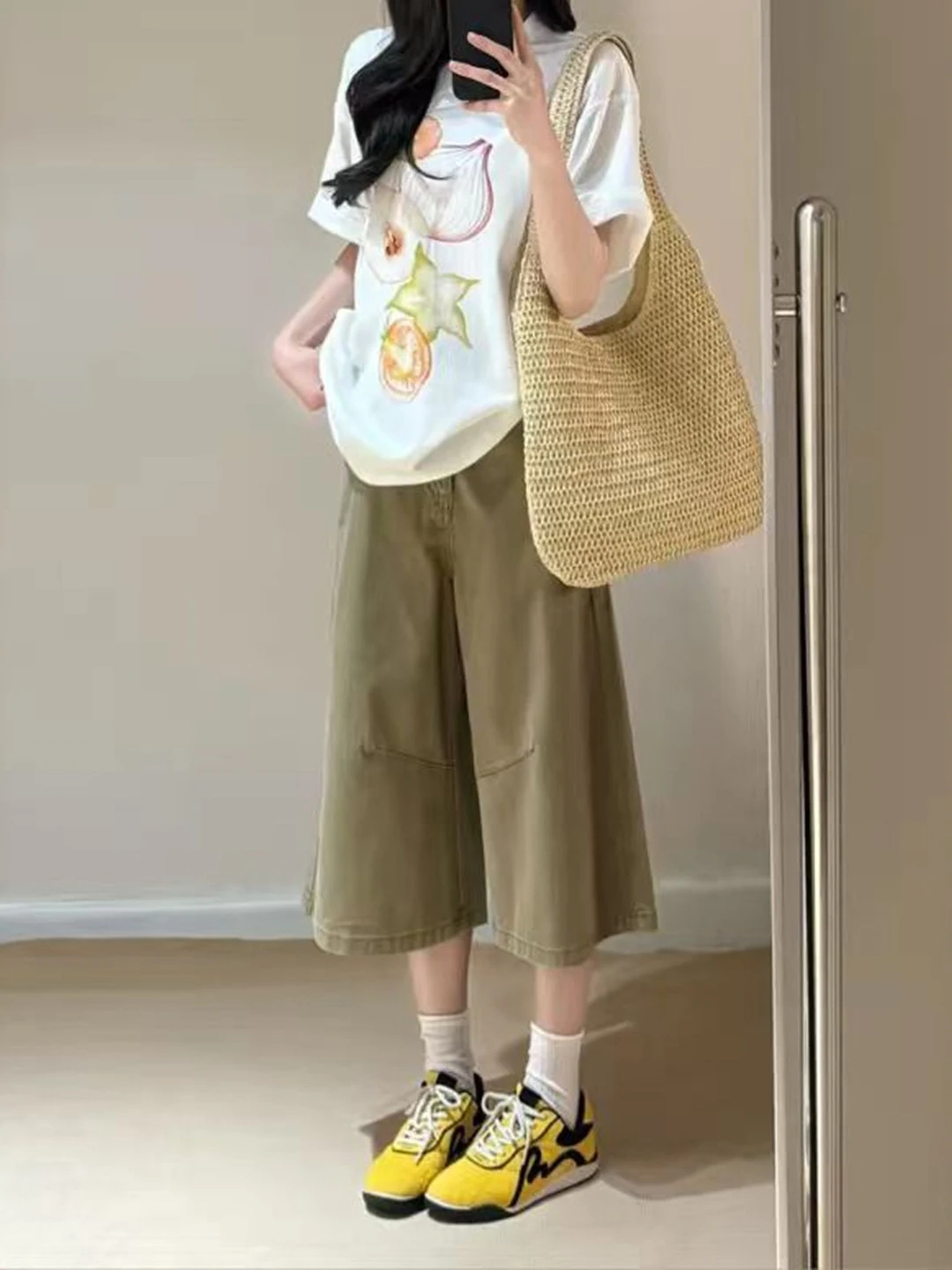 

Khaki Color High Waist Seven-Quarter Length Women's Jeans Summer New plus Size Pear Shaped Body High Waist Slimming Wide Leg ...