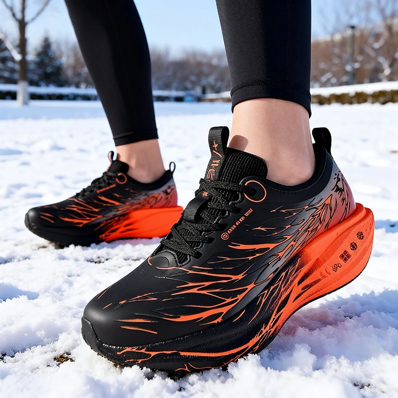 

Fluorescent leather surface with fleece for winter new parent-child couple style popcorn soft sole sports carbon plate running