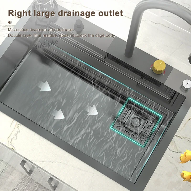 Kitchen Sink Stainless Steel Large Single Slot Multifunctional Tank Wash Basin with Waterfall Faucet Lowe Price