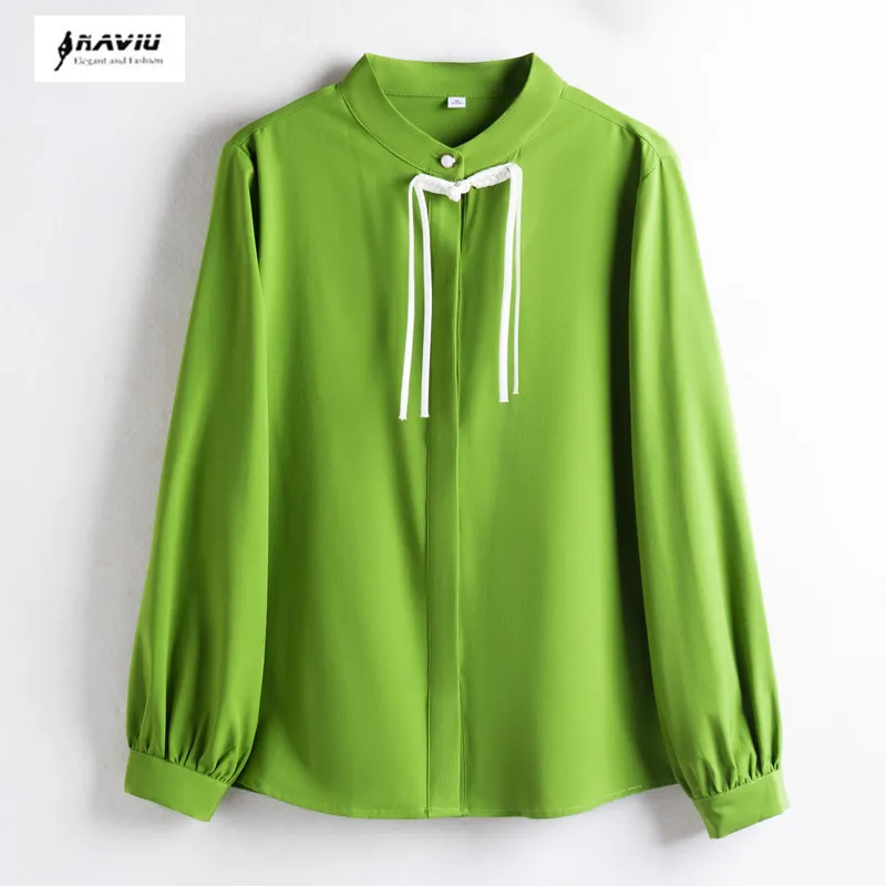 NAVIU Spring Autumn Women's Shirt Stand Collar Solid Colored Beaded Office Ladies Long Sleeve Chiffon Blouses Chinese Style Tops