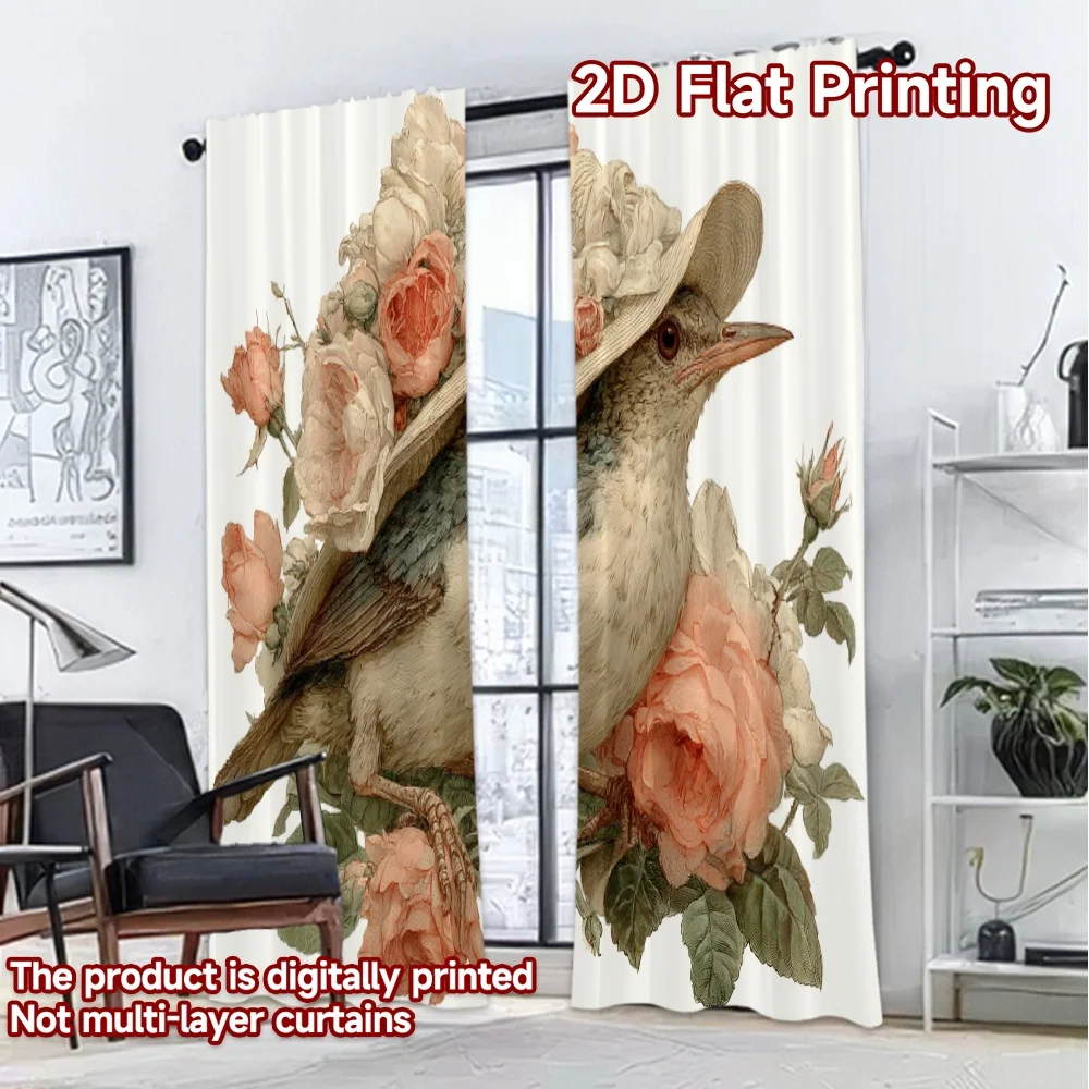 2D Flat Printing,2pcs Elegant Bird with Roses Pattern Modern Curtains Fabric Curtains Festive Perfect for Translucent Curtains
