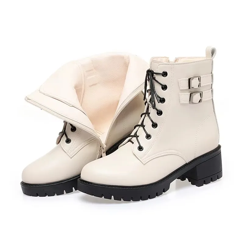 GKTINOO, botas de invierno para mujer, talla grande, nuevas botas de nieve cálidas de lana Natural para mujer, botas cortas de cuero genuino de tacón medio para mujer