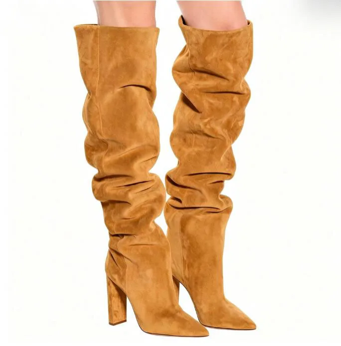 Fashion Solid Grey Red Ginger Yellow Faux Suede Knee High Boots Chunky High Heel Pointed Toe Long Knight Boots