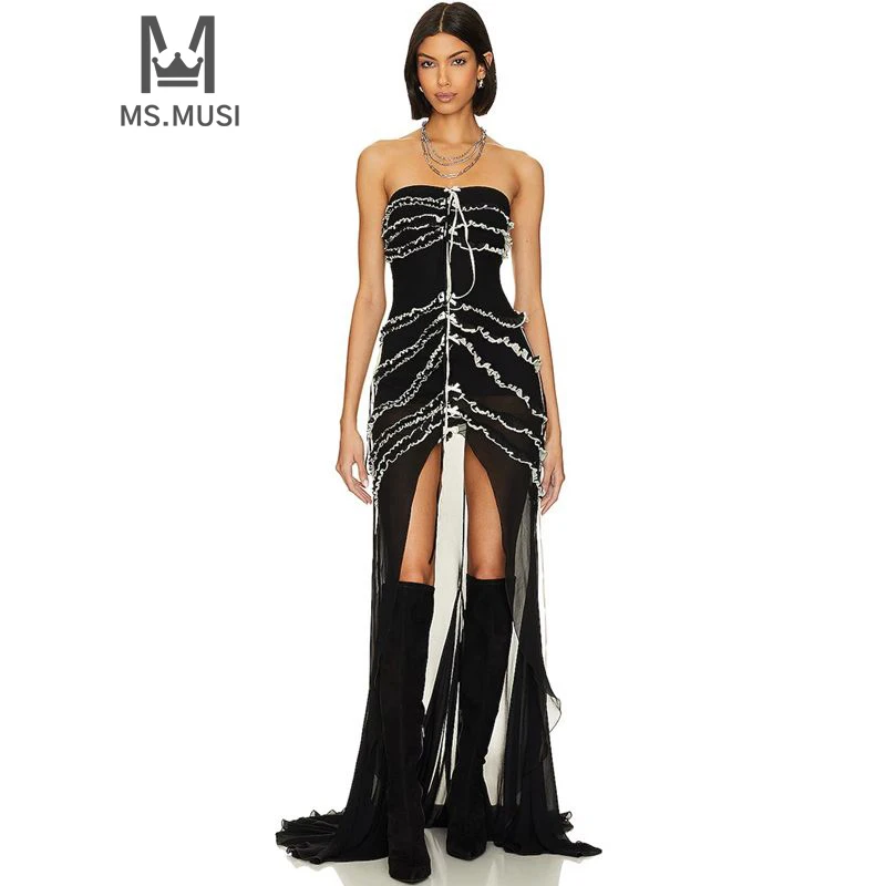 

MSMUSI 2024 New Fashion Women Sexy Strapless Lace Mesh Draped Fold Sleeveless Backless Bodycon Party Club Event Slit Maxi Dress