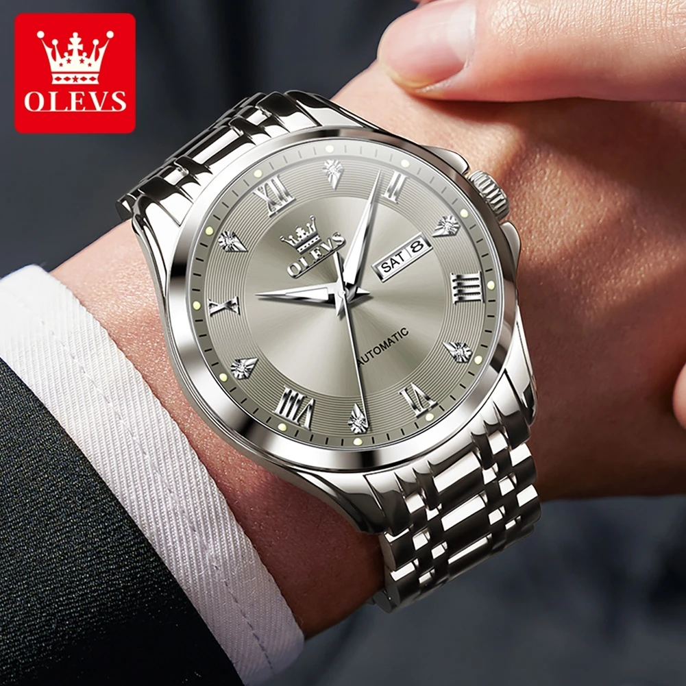 OLEVS 6702 ساعة رجالي أصلية ميكانيكية أوتوماتيكية مقاوم للماء مضيئة Reloj المزدوج التقويم عرض الساعات الفاخرة الرجال
