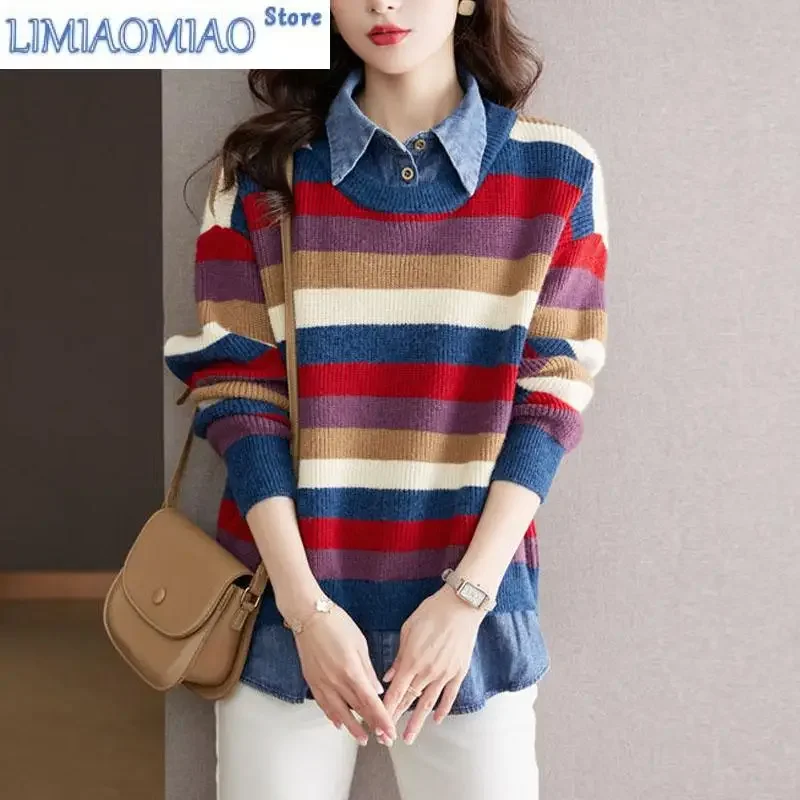 جديد الخريف والشتاء موضة الاتجاه المرقعة قميص وهمية قطعتين مخطط فضفاض تنوعا النمط الأجنبي محبوك سترة #2