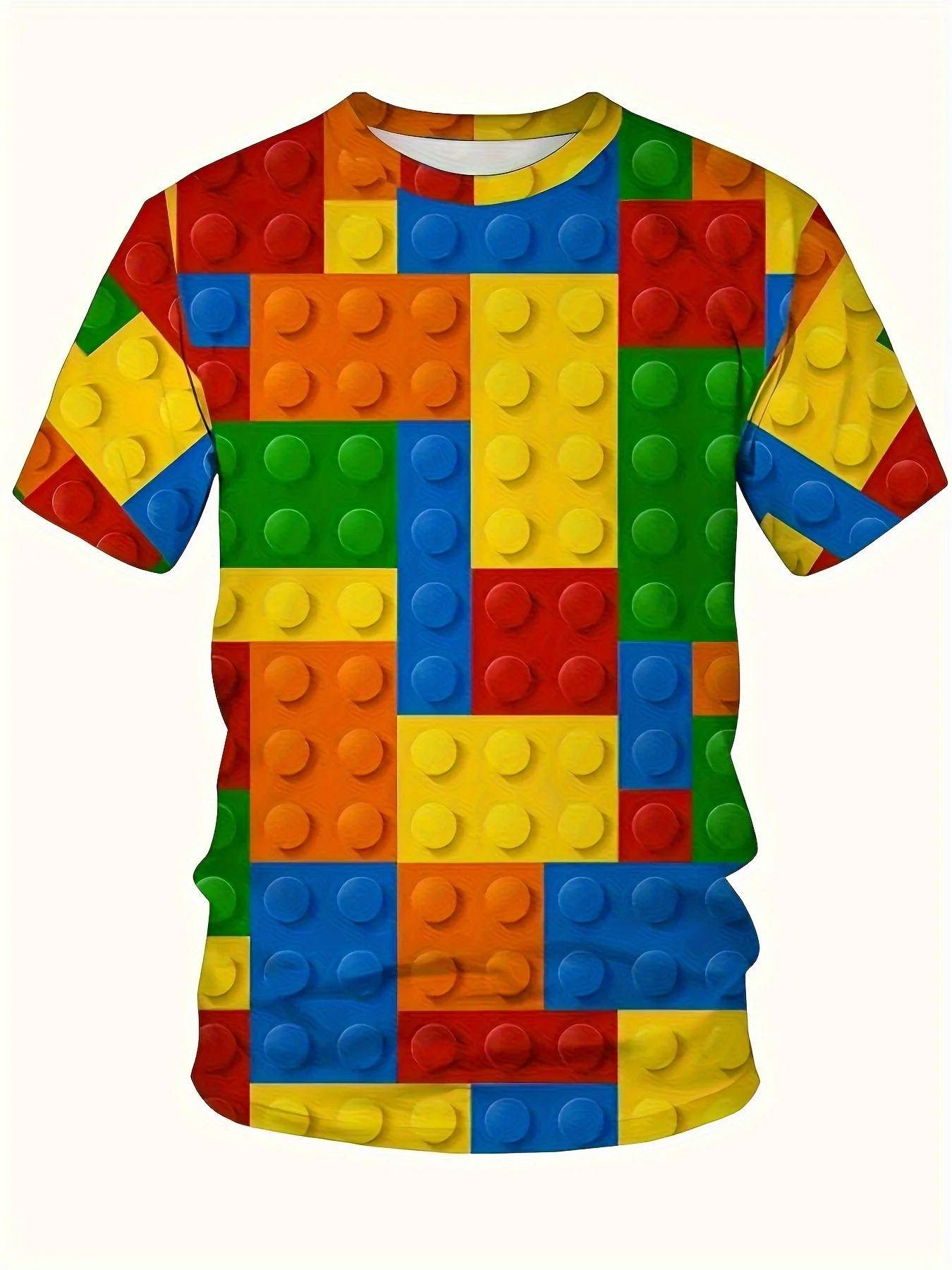 Men's Short-Sleeve Crew-Neck T-Shirt with Colorful Graphic Print  For Building-Block Enthusiasts or Those Who Value Unique Style