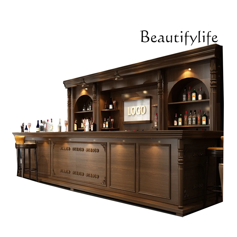 

European solid wood retro bar coffee hotel corner curved water bar checkout page front desk customization