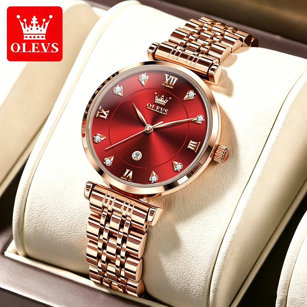 OLEVS Women Watches Luxury Simple Fashion Rose Gold Stainless Steel Original Quartz Wristwatch Waterproof Date 5866 Trend Dress