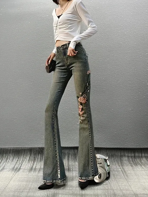 

Spring 2026 New Style Casual Embroidered Flower Bell Bottom Jeans Slim Fit High Waist Long Pants Women's Denim Fashion