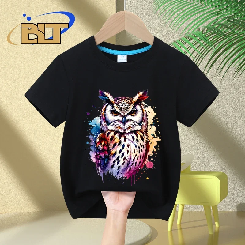 Watercolor Wise Owl print kids T-shirt summer children's cotton short-sleeved casual tops for boys and girls