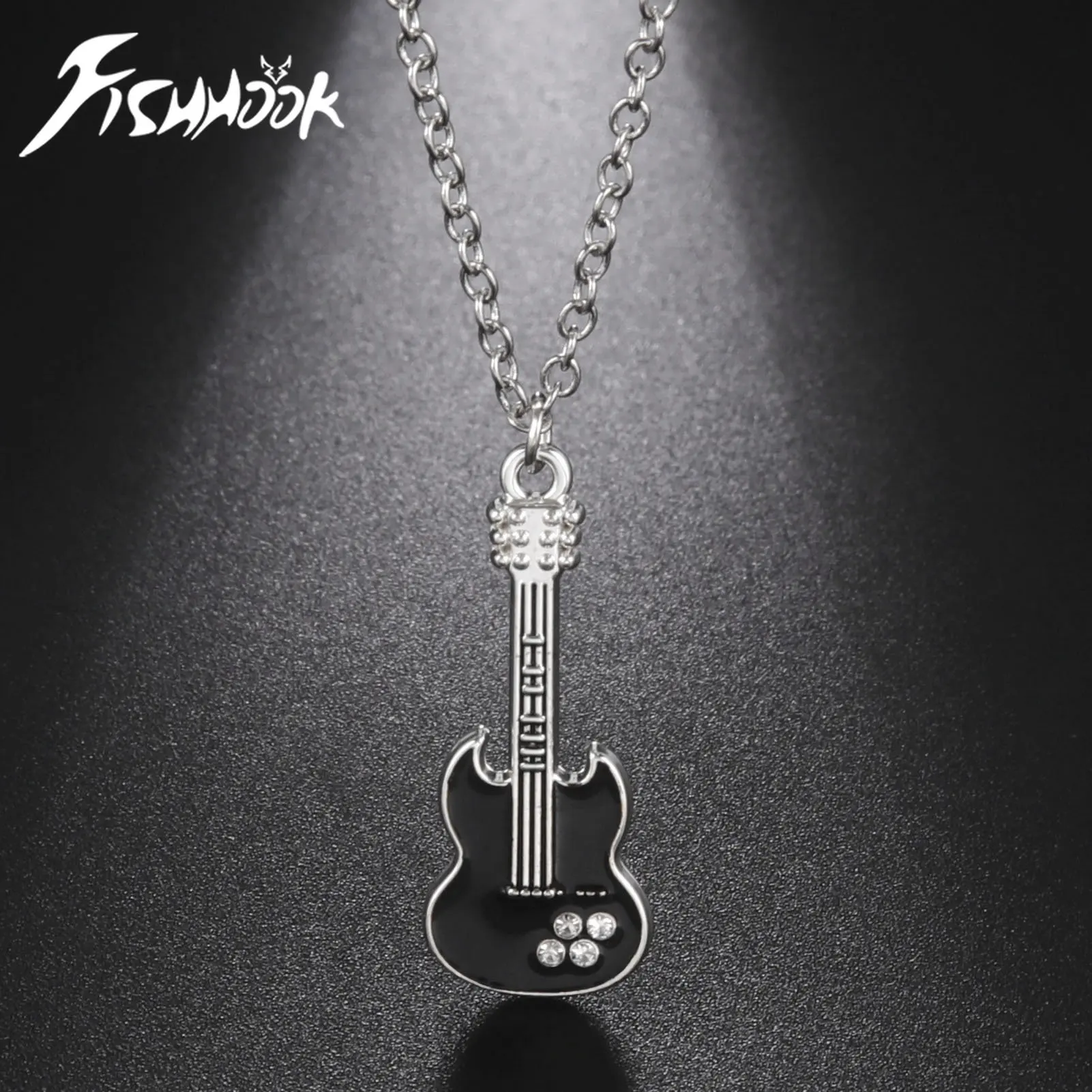 Fishhook Electric Guitar Necklace Music Black Enamel Chain Rock Pop Classic Crystal Zircon Gift For Man Woman Kid Boy Jewelry