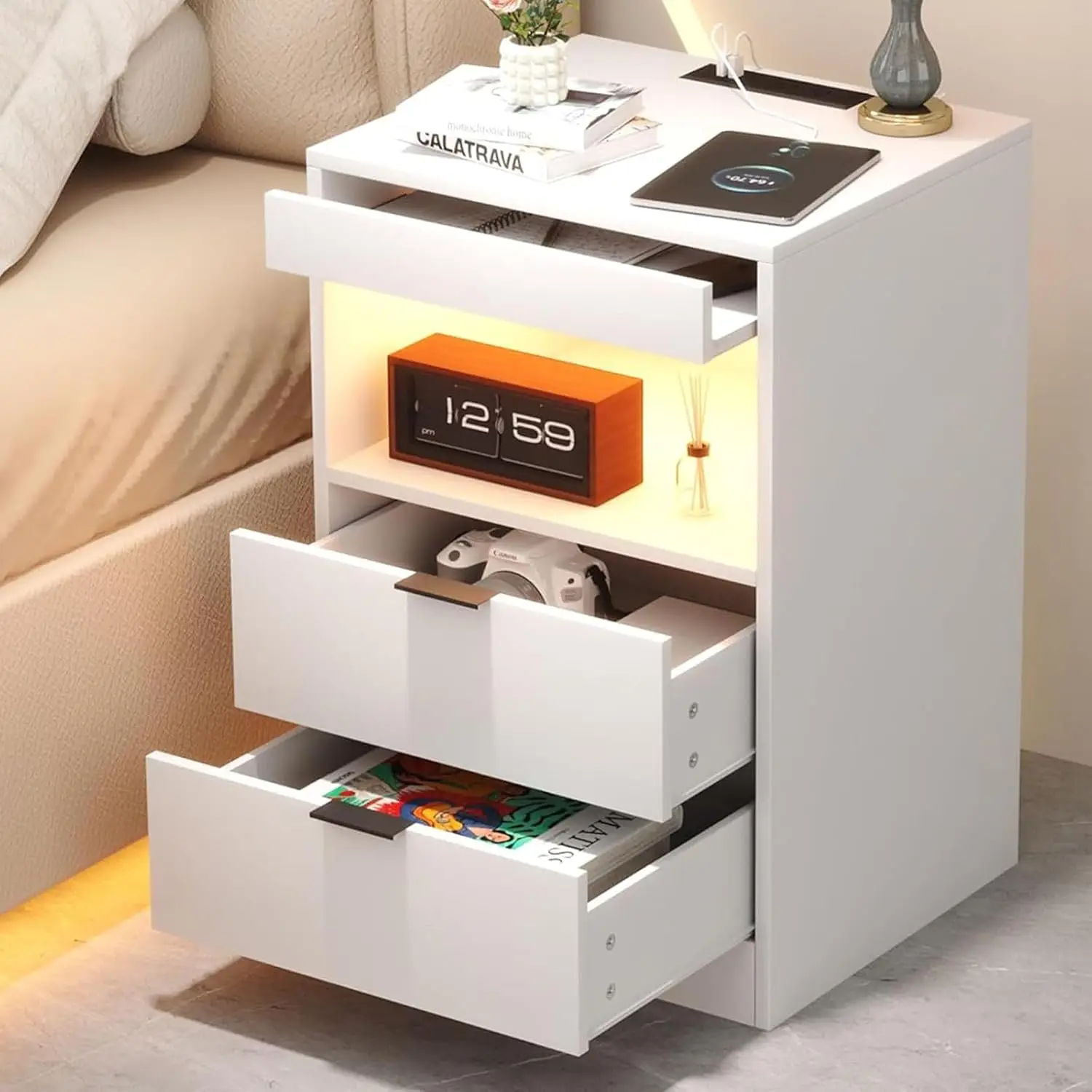 Bedside Table,LED Nightstand with Charging Station,Modern Night Stand White,Wood Sofa Couch End Side Table with 2 Pull-Out Shelf
