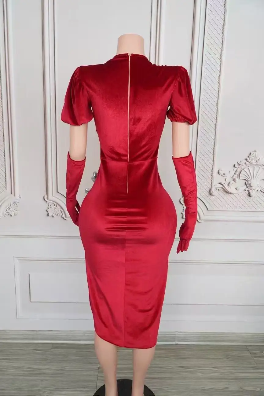 Luxury Keyhole Hollow Sexy Red Bandage Dress with Gloves Women Short Sleeve Party Birthday Club Photoshoot Vestidos