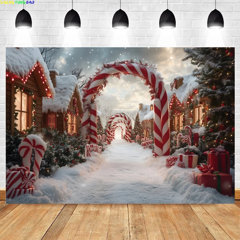 

Winter Christmas Photography Backdrop Wonderland Candy Cane Arch Xmas Town Snow Tree Family Portrait Decor Photo Background Prop