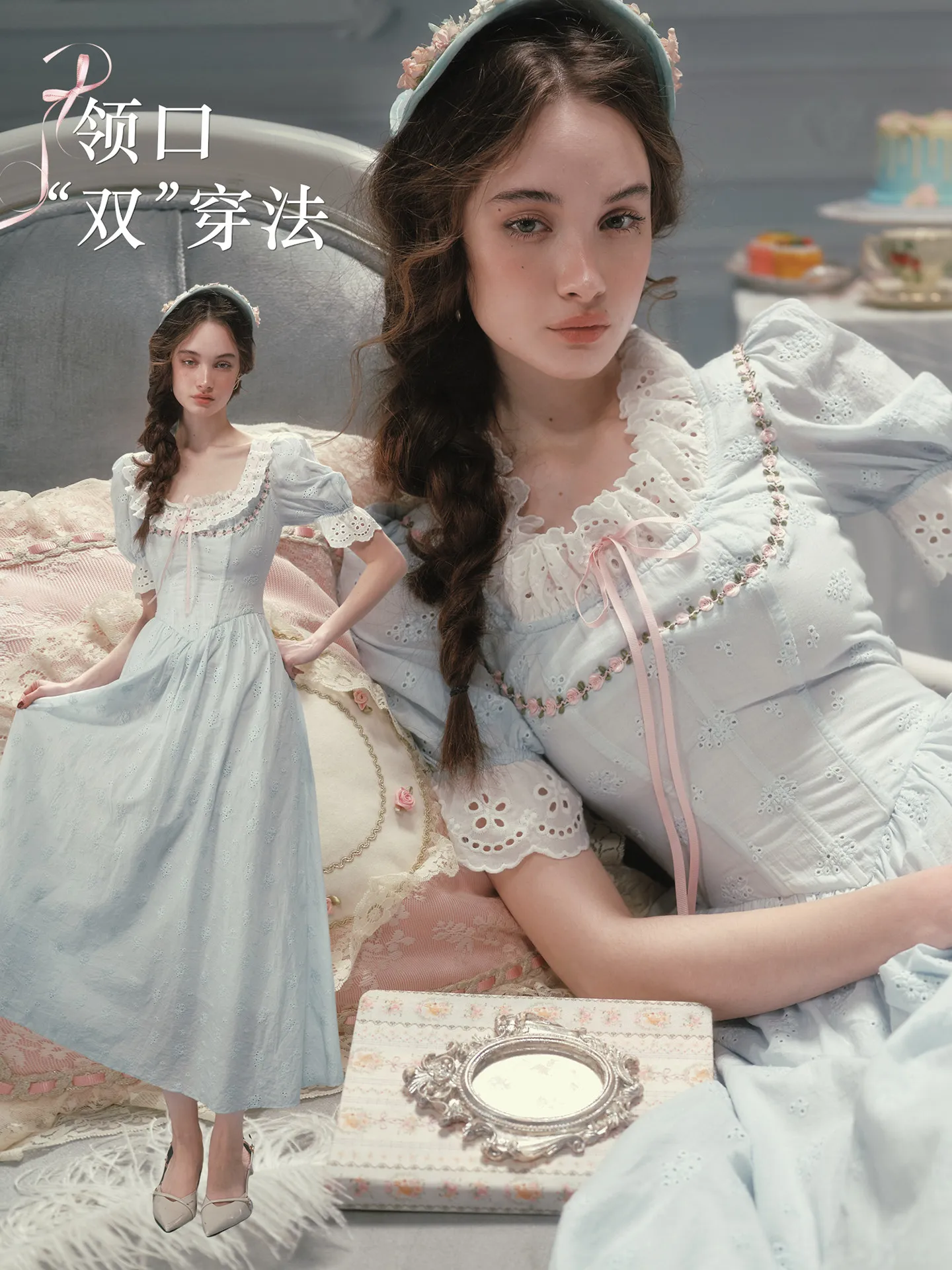 TIYIHAILEY Sommer Damen Kleid Kurzarm Lang Mittelkalb Damen 100 % Baumwolle XS-XL Vintage Hohe Taille Stickerei Spitze Blaues Kleid