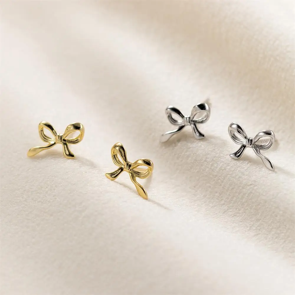 2024 New Fashion Sweet Cute Bow Stud Earrings For Women Girls Gold Silver Color Elegant Ribbon Bowknot Earrings Jewelry Gift