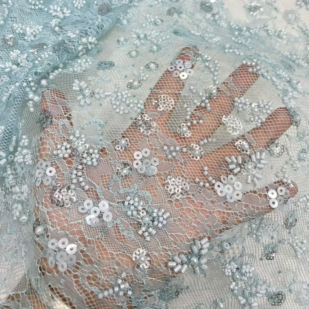 

All-Over Small Floral Sequins Beaded Lace Fabric Light Sheer French Mesh Tulle High Quality For Nigerian Wedding Party Dress