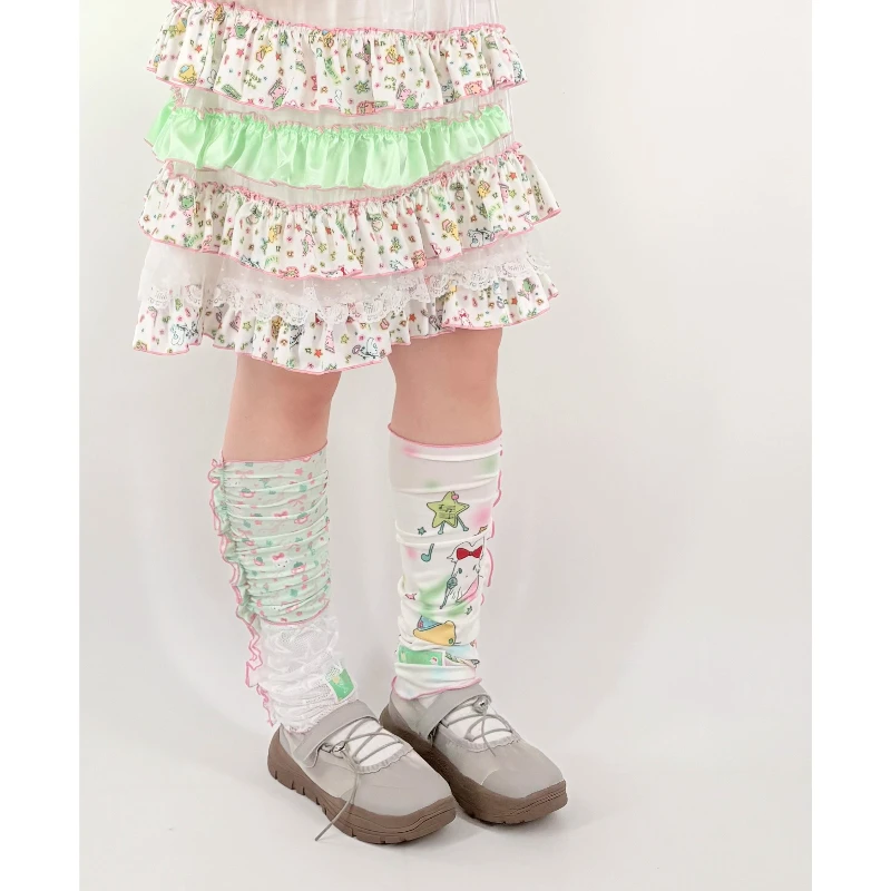 Japanese Style Cute Girl Print Ice Silk Cotton Lace Hosiery Spring Autumn New Sweet Versatile Slouch Socks Leg Warmers Ladies