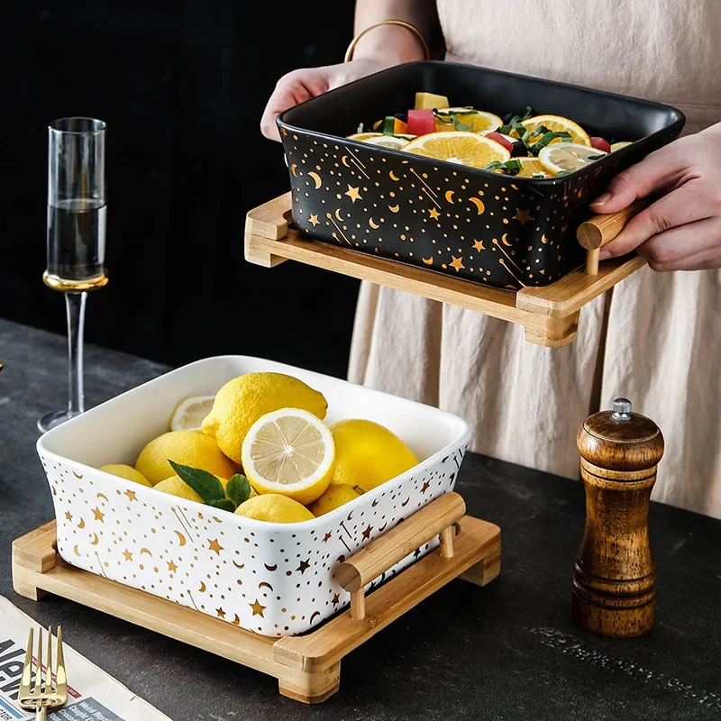 Nordic square fruit salad bowl creative wooden frame ceramic smoothie  simple star and moon square dessert