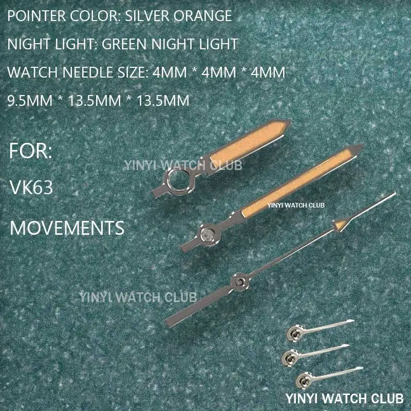 Watch Hands Sliver White orange six Watch hand with Green night glow Watch accessories for VK63 Movements